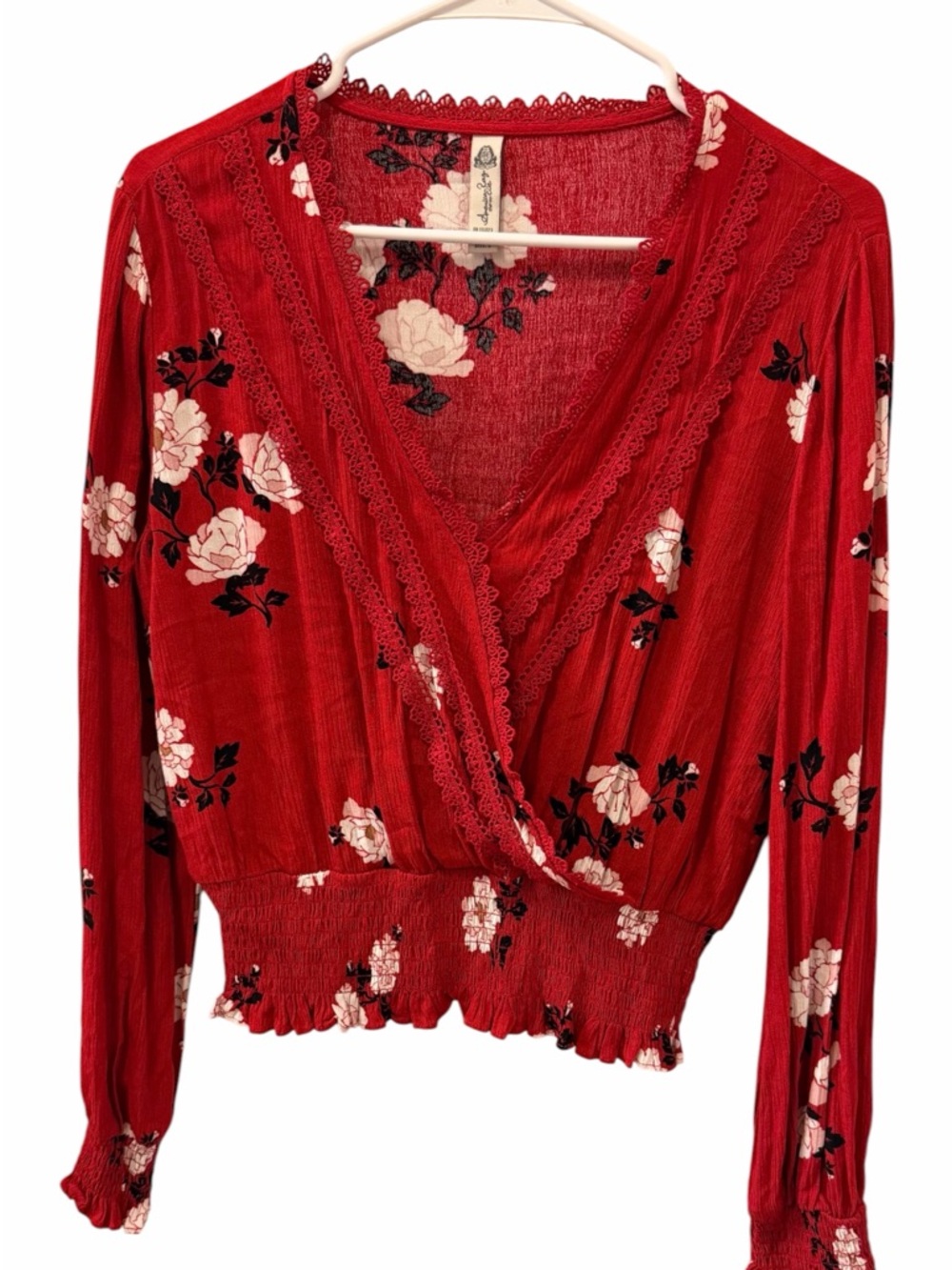 American Rag Red Floral Wrap Blouse (001)